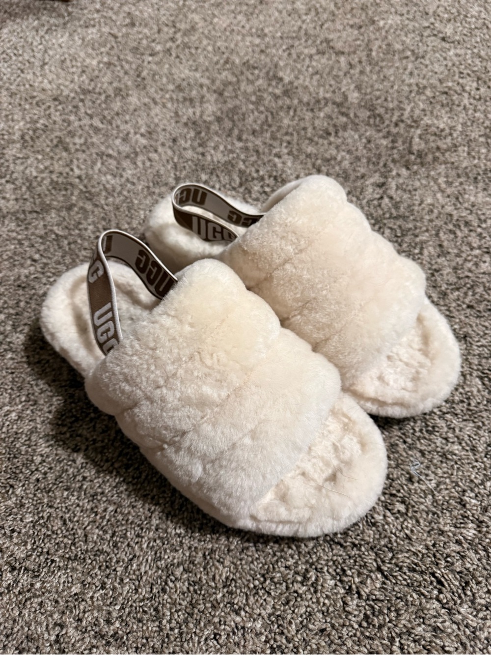 UGG Cream Fluffy Slide Slippers with Branded Elastic Heel